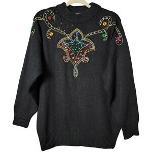 VTG Mariea Kim Womens 80s Retro Artsy Abstract Embroidered Sequin Sweater Medium